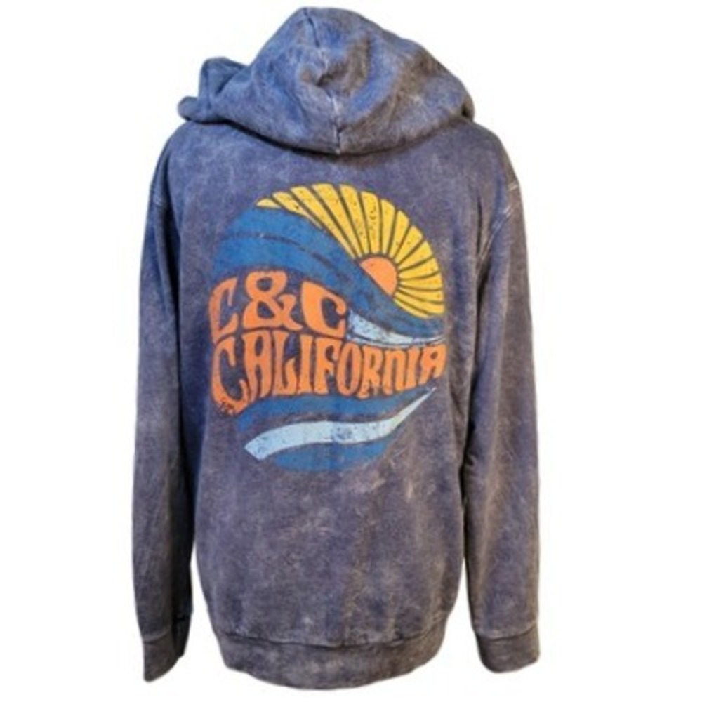 C&C California Men's L Blue Acid Wash Henley Graphic Hoodie Sun Wave Surf Beach‎